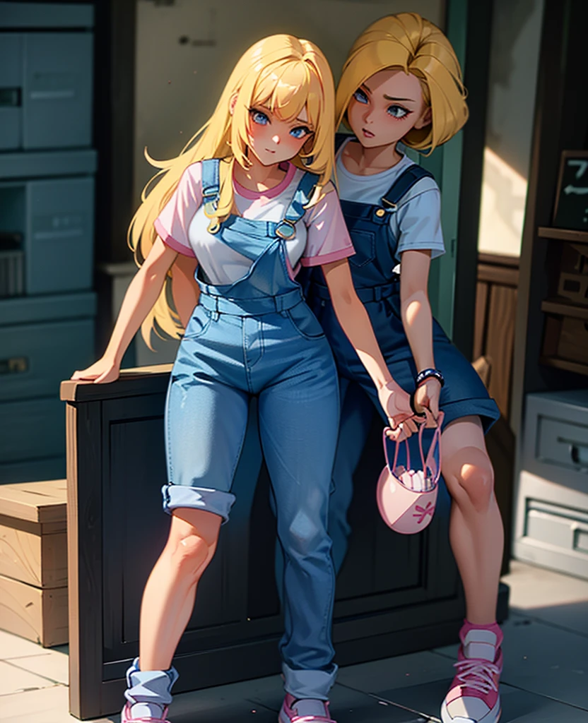 beautiful girl, long light yellow hair, Horse tail, blue eyes, sexy clothes, White shirt, with blue overalls, pink tennis shoes