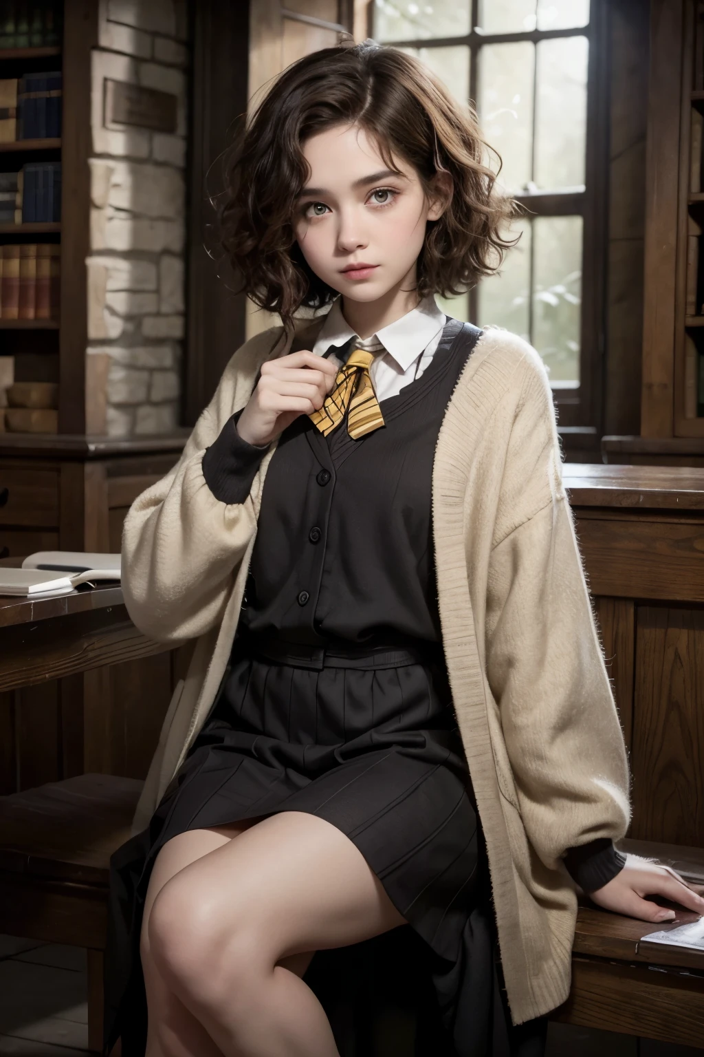 short curly brown hair, Hogwarts student Hufflepuff, eyes black.