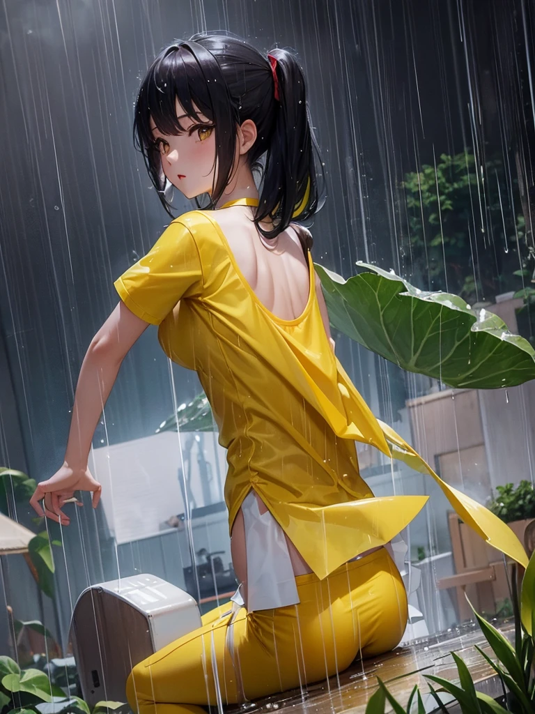 A beautiful Chinese girl wears a yellow t-shirt with a picture of a thin Pikachu without sleeves, big breasts get caught in the rain, heavy raindrop effect, his whole body was soaked, green garden background, there is writing "COUPLES", Dynamic Pose