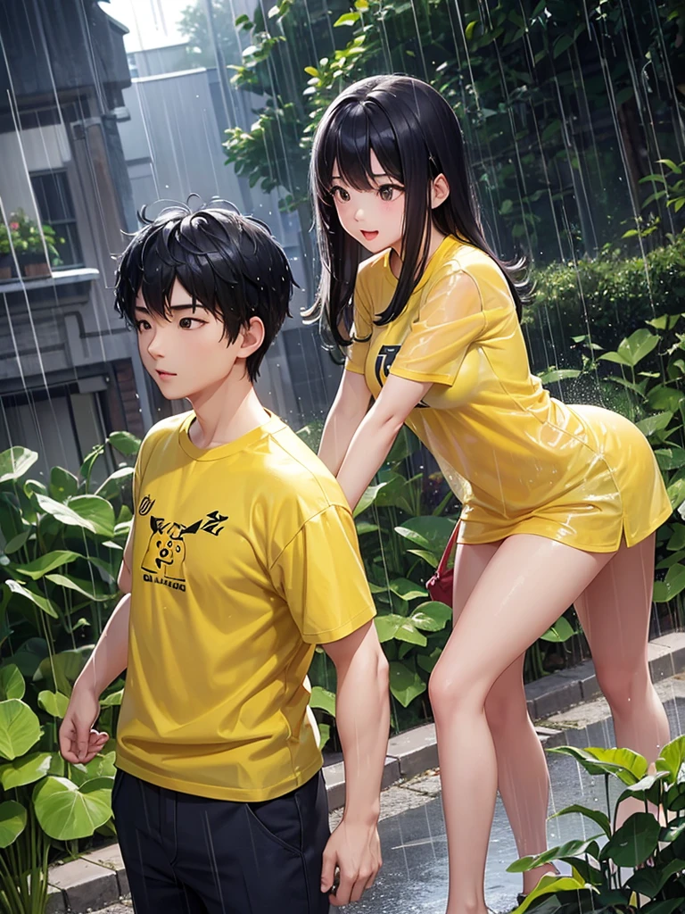 A beautiful Chinese girl wears a yellow t-shirt with a picture of a thin Pikachu without sleeves, big breasts get caught in the rain, heavy raindrop effect, his whole body was soaked, green garden background, there is writing "COUPLES", Dynamic Pose 