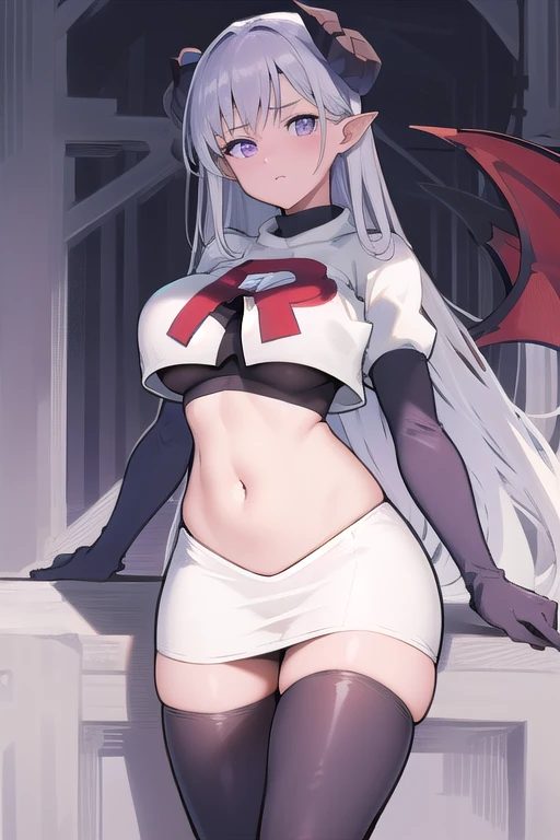 1girl,blue-purple eyes,large breasts,albionsuccubus,bat wings, 
team rocket,team rocket uniform,white skirt,red letter R,crop top,black thigh-highs,black elbow gloves
 