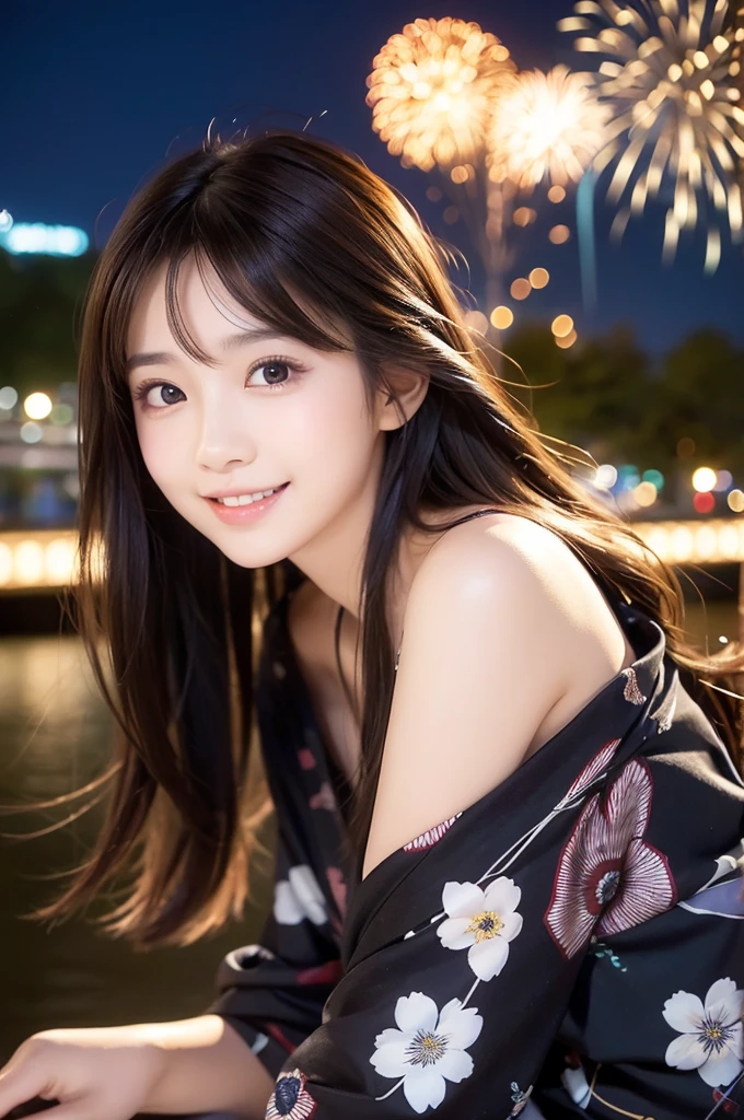 Image resolution 8K、Masterpiece:1.3)、cute、1 girl、Dark Brown Hair:1.1、(body:1.2)、Ultra-detailed face、Attractive lips、double eyelid、Ultra-realistic and detailed Japanese yukata、Japanese、cute女の子、10th Generation(18-year-old)、Smiling with a nice smile、Hair blowing in the wind、color々Hair style、In the background, people are watching fireworks on the riverbank、