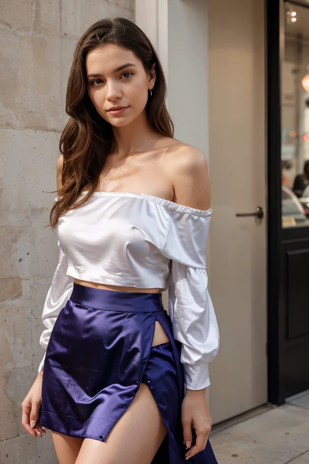 Generate a realistic, human-captured image of a person wearing an off-the-shoulder top paired with a satin skirt.
