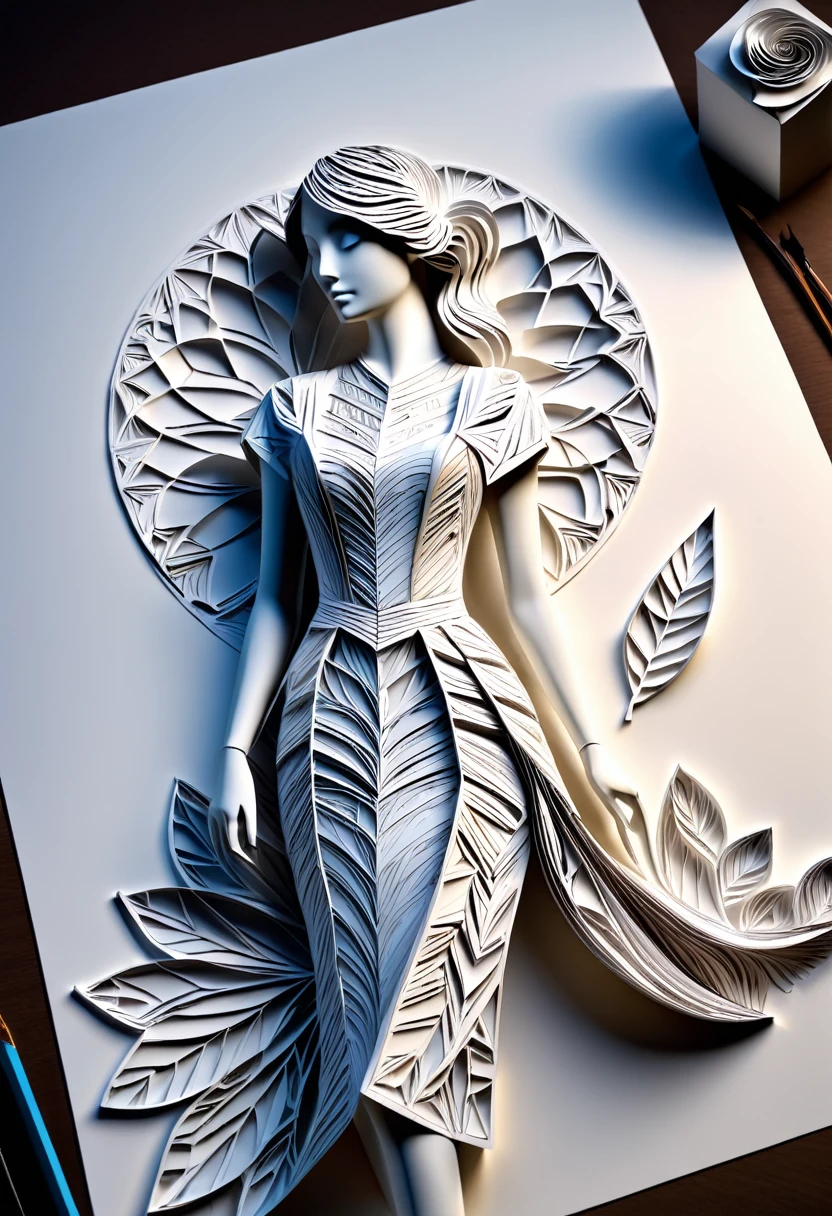 Sur une grande feuille de papier posée sur un bureau, Dessiner une figurine 4D de style encre uhd époustouflante et à couper le souffle, (mélange de l’art origami et de l’art de la découpe du papier), portant une sublime robe fendue en papier 3D découpée très détaillé en dentelle fractal, effet holographique qui semble sortir de la feuille de dessin, dessin extrêmement détaillé, hyperréaliste, Des détails sublimes. Un travail vraiment remarquable, travail joyeux et sensuel, (sublime poitrine effet push-up qui semble sortir de la feuille de dessin, effet 3d époustouflant), ((proportions parfaites, masterpiece, hyperRéaliste, masterpiece, superior quality, high resolution, Extremely detailed, highly detailed 8K wallpaper, détails fractales))