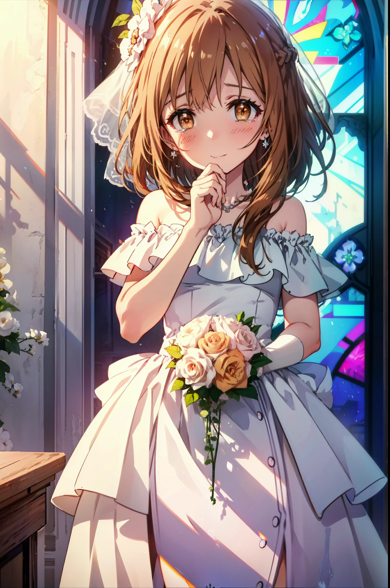 a sun ayuuki, a sun a yuuki, Long Hair, Brown Hair, (Brown eyes:1.8),smile,blush,Off-the-shoulder wedding dresses,necklace,wedding long skirt,Holding a bouquet in both hands,Clear skies,Tears stream down her face,Tears of joy,I cry a lot,Flower storm,whole bodyがイラストに入るように,background(Stained glass)
break indoors, Chapel,教会
break looking at viewer, whole body,(Cowboy Shot:1.5),
break (masterpiece:1.2), Highest quality, High resolution, unity 8k wallpaper, (figure:0.8), (Beautiful attention to detail:1.6), Highly detailed face, Perfect lighting, Highly detailed CG, (Perfect hands, Perfect Anatomy),