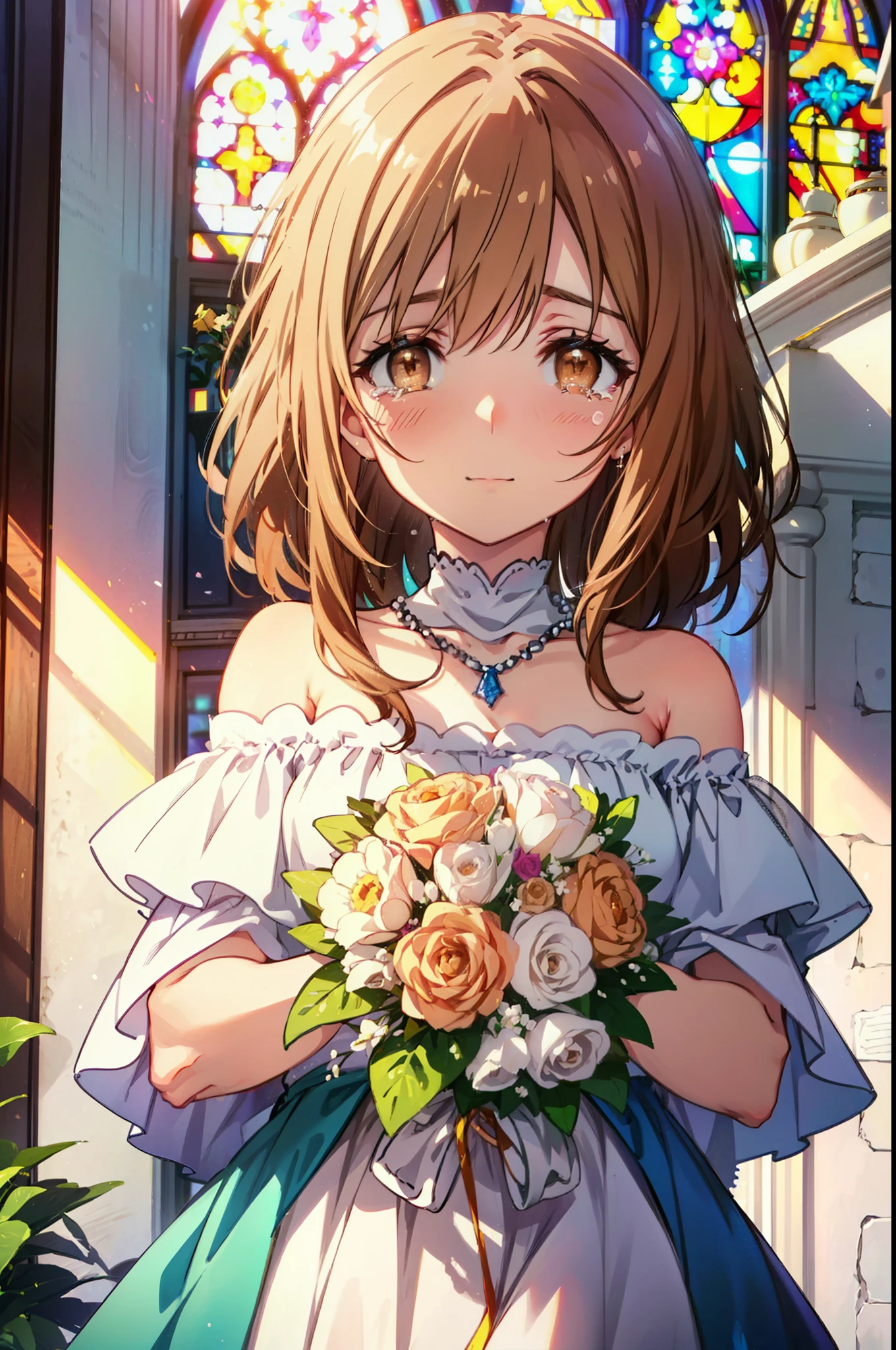 a sun ayuuki, a sun a yuuki, Long Hair, Brown Hair, (Brown eyes:1.8),smile,blush,Off-the-shoulder wedding dresses,necklace,wedding long skirt,Holding a bouquet in both hands,Clear skies,Tears stream down her face,Tears of joy,I cry a lot,Flower storm,whole bodyがイラストに入るように,background(Stained glass)
break indoors, Chapel,教会
break looking at viewer, whole body,(Cowboy Shot:1.5),
break (masterpiece:1.2), Highest quality, High resolution, unity 8k wallpaper, (figure:0.8), (Beautiful attention to detail:1.6), Highly detailed face, Perfect lighting, Highly detailed CG, (Perfect hands, Perfect Anatomy),