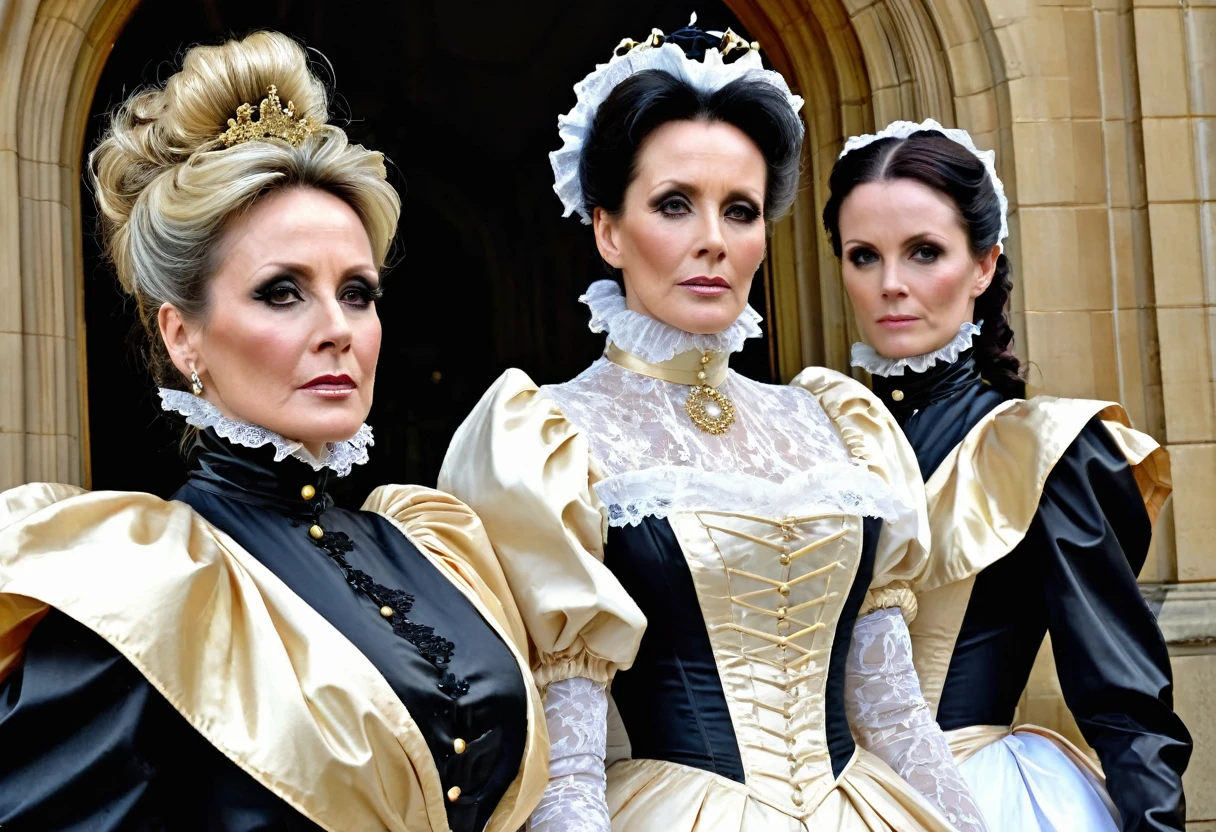 spectacularly beautiful 45 yo Katherien Kelly Lang with elegant makeup wearing a very strict Victorian gown with massive crinoline, tall starched lace collar and sleeves. shiny metallic gold silk taffeta. arrogantly standing at Carlton Towers facing her humiliated identical twin sister who is dressed in a black pvc formal chambermaid uniform. upper body view