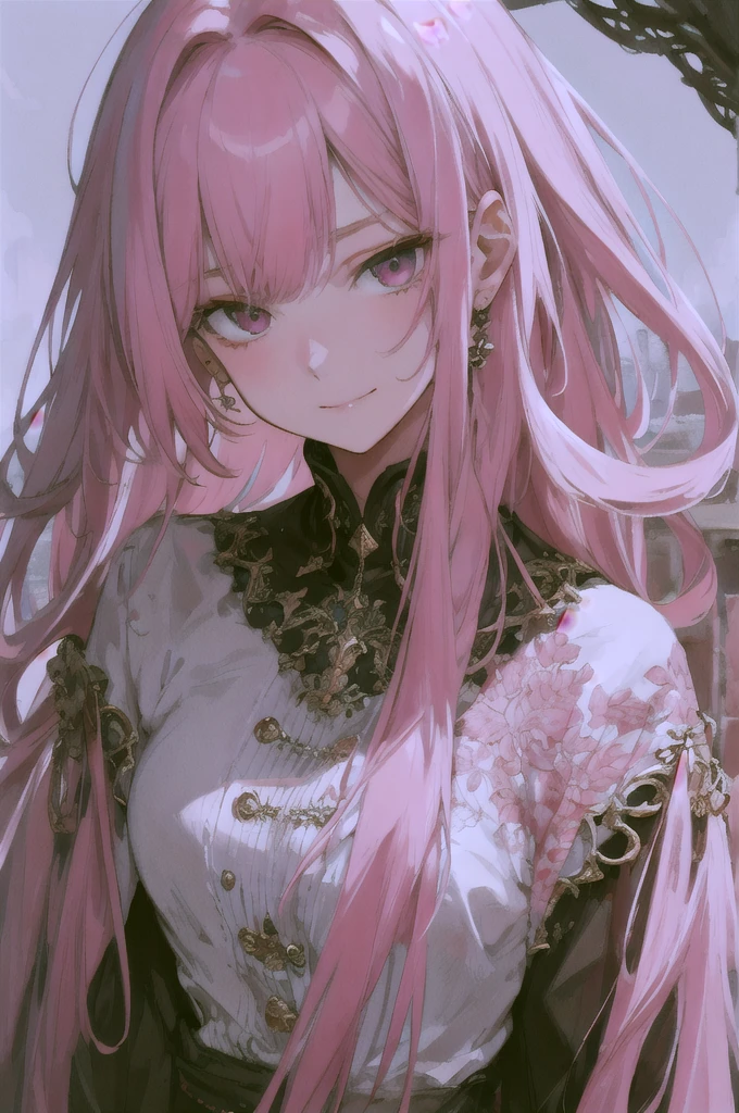 Highest quality, Ultra-high resolution, Beautiful face in every detail, masterpiece, beauty, Precision, Detailed illustrations,Pink Hair,Look Away,look down,Oblique angle,Nihilistic smile,modern,strong,Rape Eyes,dark,Illness,