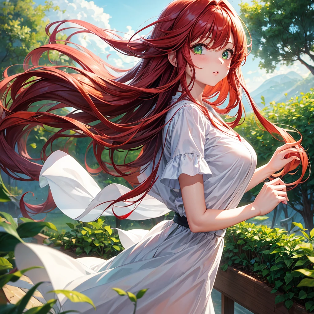 a girl with long wavy red hair and green eyes is wearing a white shirt, Beautiful anime style,