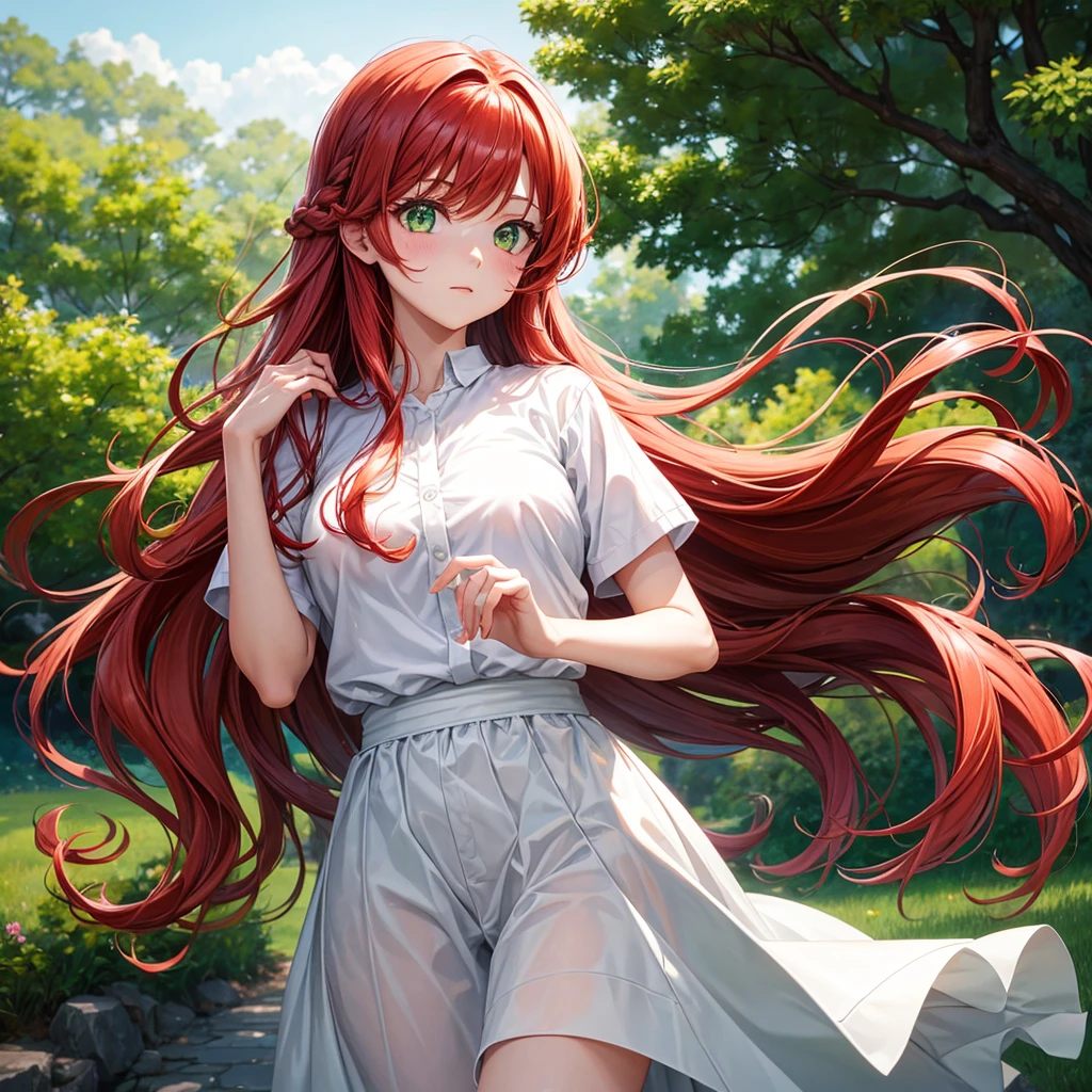 a girl with long wavy red hair and green eyes is wearing a white shirt, Beautiful anime style,