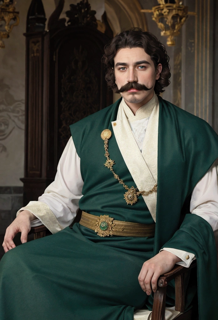 Short-haired, curly, white-skinned, king with a mustache and stubble, with brown eyes,Dressed in dark green royal clothes, with a stern, cold look, with thick eyebrows, against the backdrop of a brutal castle