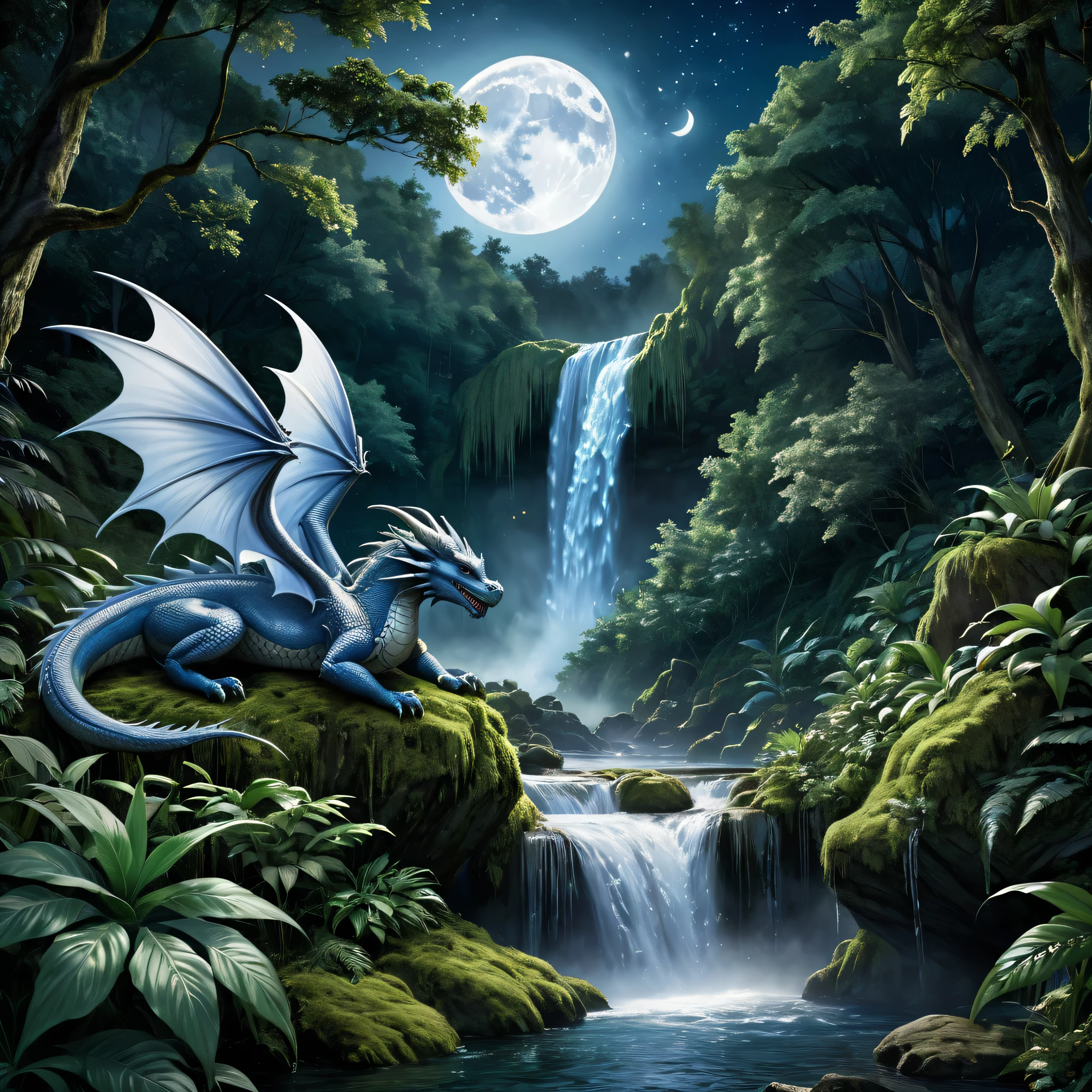  (A European dragon with wings sleeping in front of a forest waterfall ), solo, waterfall, moon  mystical creature, realistic, ultra detailed, dynamic pose, moonlit night, detailed forest background, vegetation in the foreground