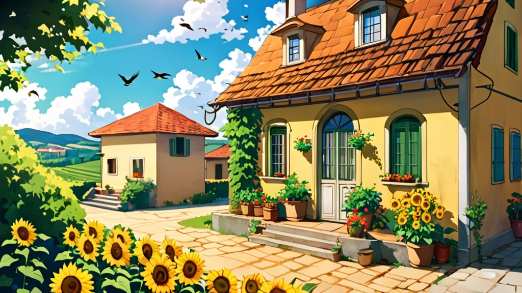Imagine a small 1-room house, de pessoa humilde , antiga, Garden with sunflowers , amarelo ,Italy style, arte de qualidade ,sozinha, ao amanhecer ,nascer do sol radiante , Summer, birds octane , dia, estilo anime Akyra toriyama