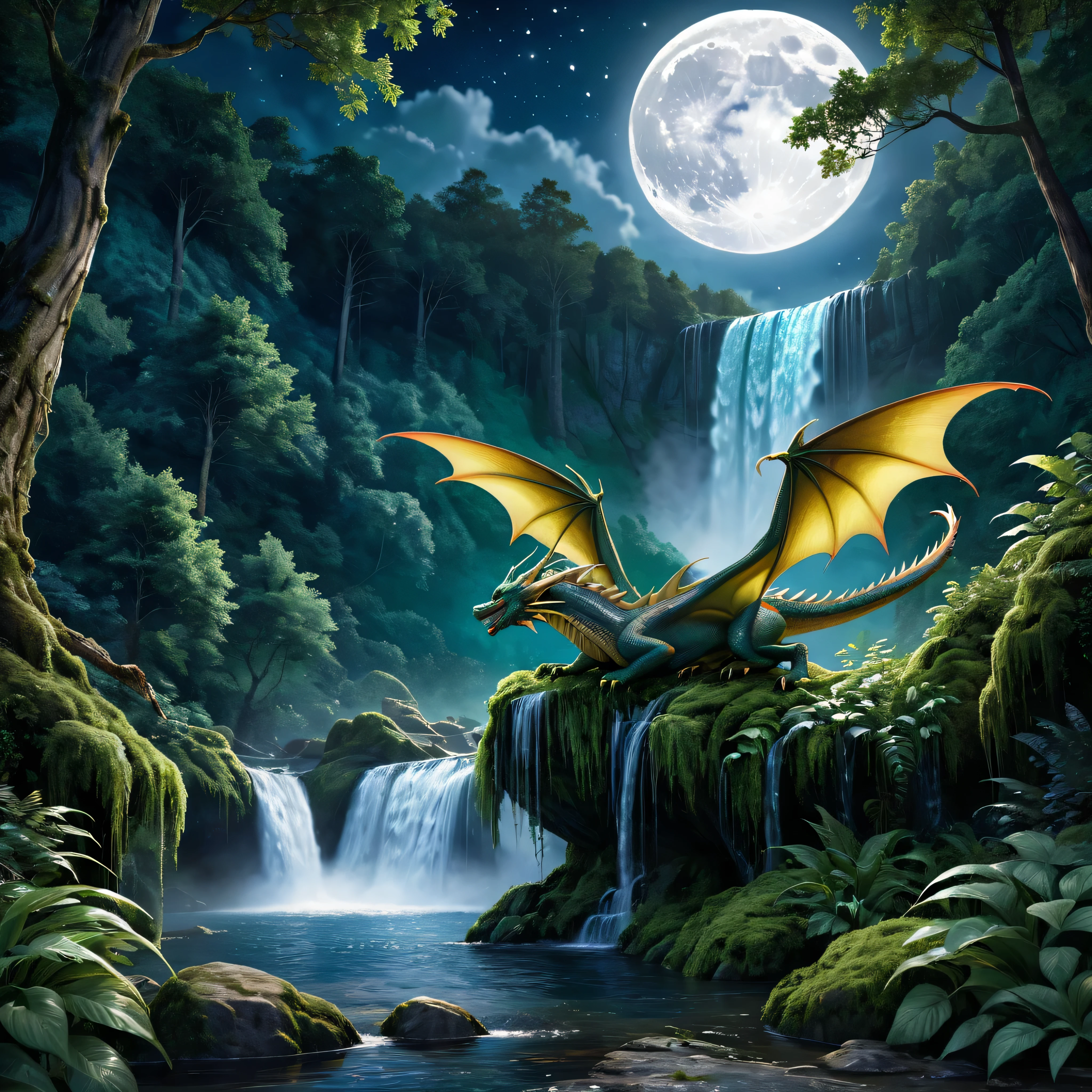 (A European dragon with wings sleeping in front of a forest waterfall ), solo, waterfall, moon mystical creature, realistic, ultra detailed, dynamic pose, moonlit night, detailed forest background, vegetation in the foreground