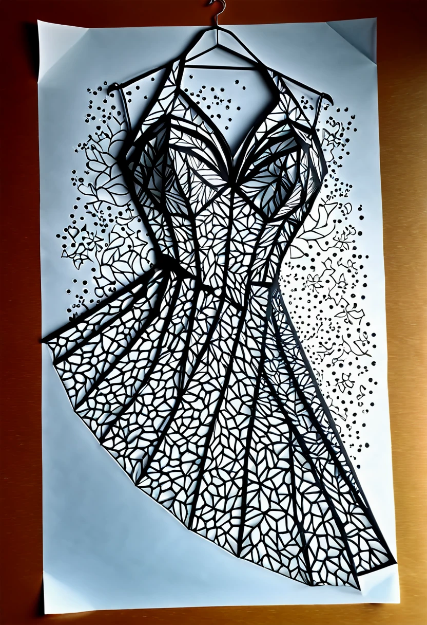 Sur une grande feuille de papier posée sur un bureau, Dessiner une figurine 4D de style encre uhd époustouflante et à couper le souffle, (mélange de l’art origami et de l’art de la découpe du papier), portant une sublime robe fendue en papier 3D découpée très détaillé en dentelle fractal, effet holographique qui semble sortir de la feuille de dessin, dessin extrêmement détaillé, hyperréaliste, Des détails sublimes. Un travail vraiment remarquable, travail joyeux et sensuel, (sublime poitrine effet push-up qui semble sortir de la feuille de dessin, effet 3d époustouflant), ((proportions parfaites, masterpiece, hyperRéaliste, masterpiece, superior quality, high resolution, Extremely detailed, highly detailed 8K wallpaper, détails fractales))