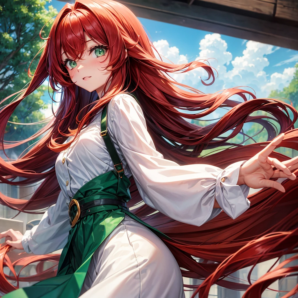 a girl with long wavy red hair and green eyes is wearing a white shirt, Beautiful anime style,