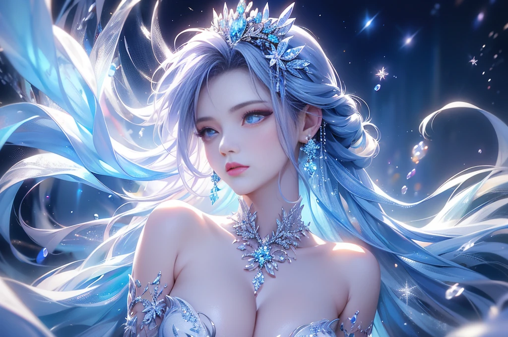 Na people,Beautiful cleavage木材, Exquisite mini ice spikes and crystals, Frozen waterfall in the background, Light reflected by ice crystals, Flowing snowflakes.1 girl, Beautiful woman、pretty girl,現実的Na people,Beautiful cleavage,Dramatic composition