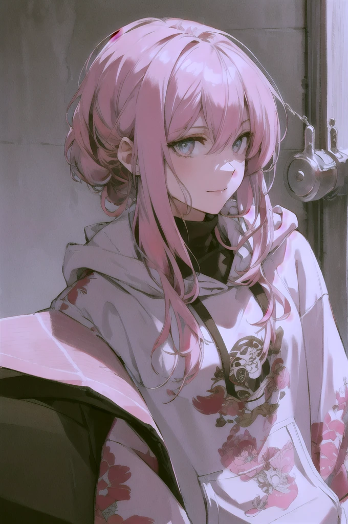 Highest quality, Ultra-high resolution, Beautiful face in every detail, masterpiece, beauty, Precision, Detailed illustrations,Pink Hair,Look Away,look down,profile,Oblique angle,Nihilistic smile,hoodie,strong,Rape Eyes,dark,Illness,