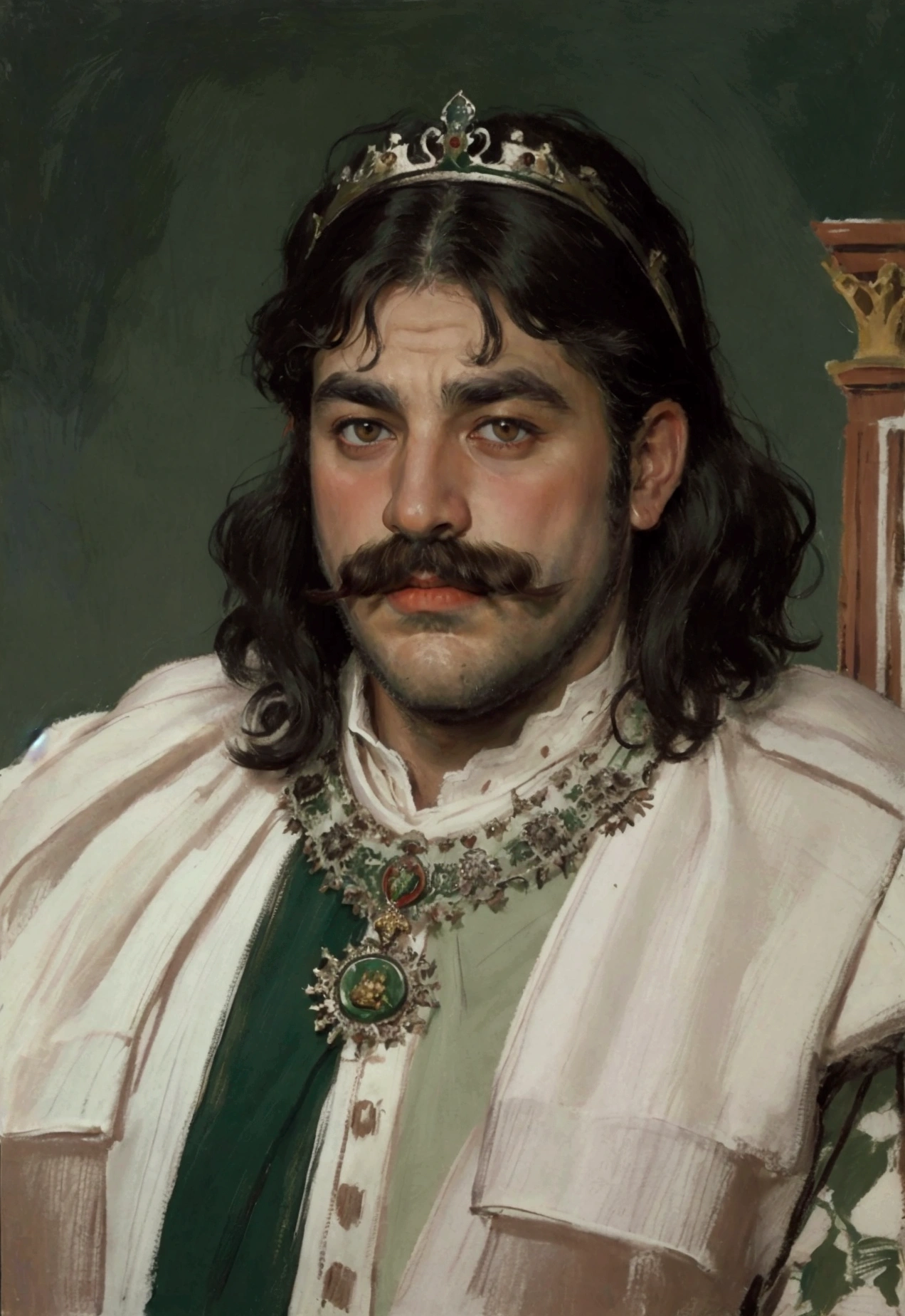 Short-haired, curly, white-skinned, king with a mustache and stubble, with brown eyes,Dressed in dark green royal clothes, with a stern, cold look, with thick eyebrows, against the backdrop of a brutal castle
