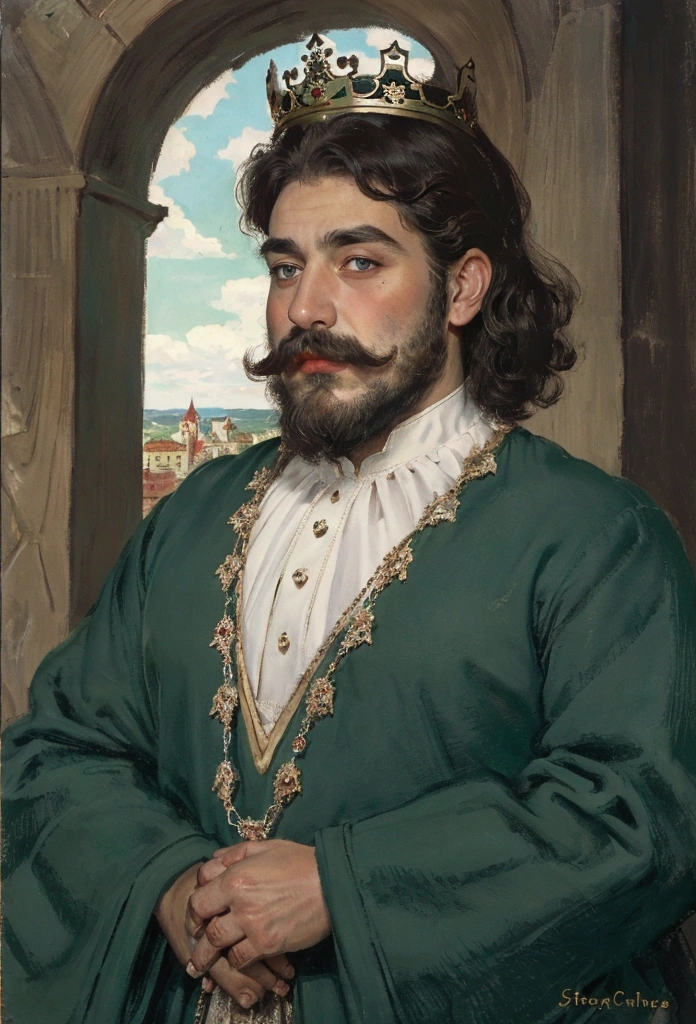 Short-haired, curly, white-skinned, king with a mustache and stubble, with brown eyes,Dressed in dark green royal clothes, with a stern, cold look, with thick eyebrows, against the backdrop of a brutal castle  