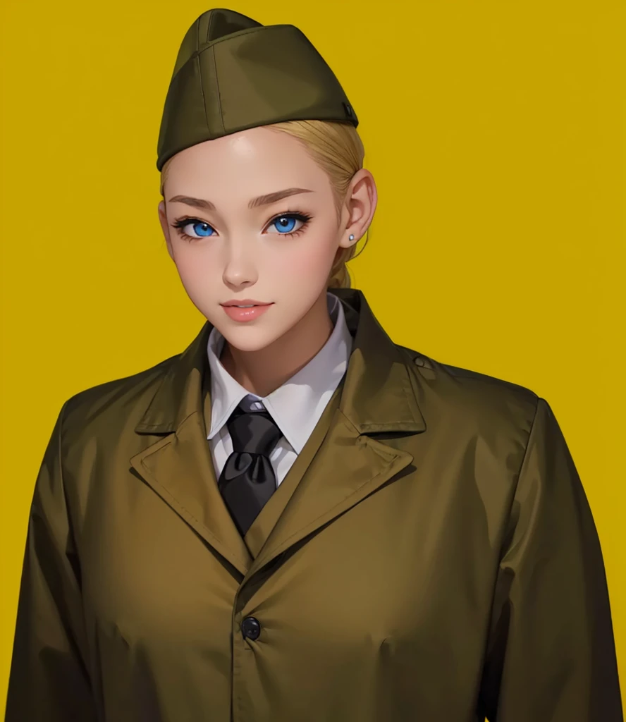 Female, (girls:1.5), (exceptional, best aesthetic, new, newest, best quality, anime, waifu:1.2), best quality, ultra detailed, absurdres, highres, colored, good anatomy, normal eyes, centered eyes, no cockeyed, no cross-eyes black hair, pretty smiling kind face, blonde hair, blue eyes, olive color soft hat, olive color coat, inside white shirt, black tie,