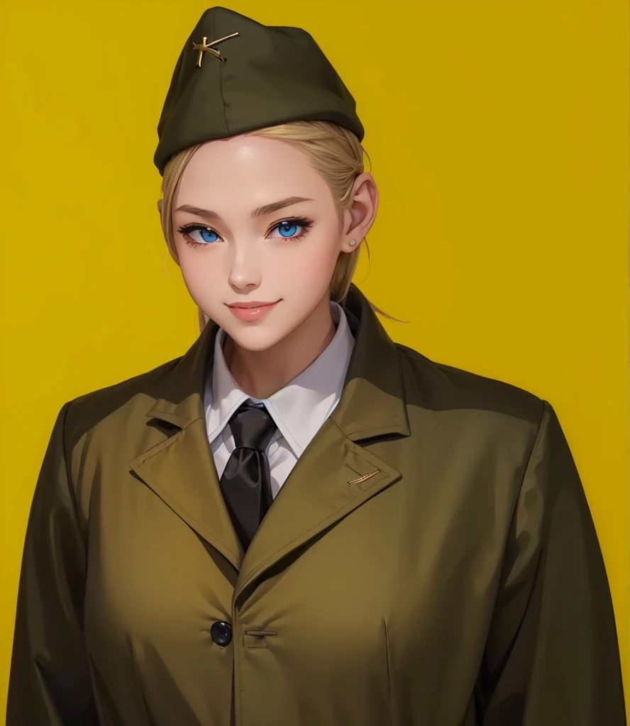 Female, (girls:1.5), (exceptional, best aesthetic, new, newest, best quality, anime, waifu:1.2), best quality, ultra detailed, absurdres, highres, colored, good anatomy, normal eyes, centered eyes, no cockeyed, no cross-eyes black hair, pretty smiling kind face, blonde hair, blue eyes, olive color soft hat, olive color coat, inside white shirt, black tie,