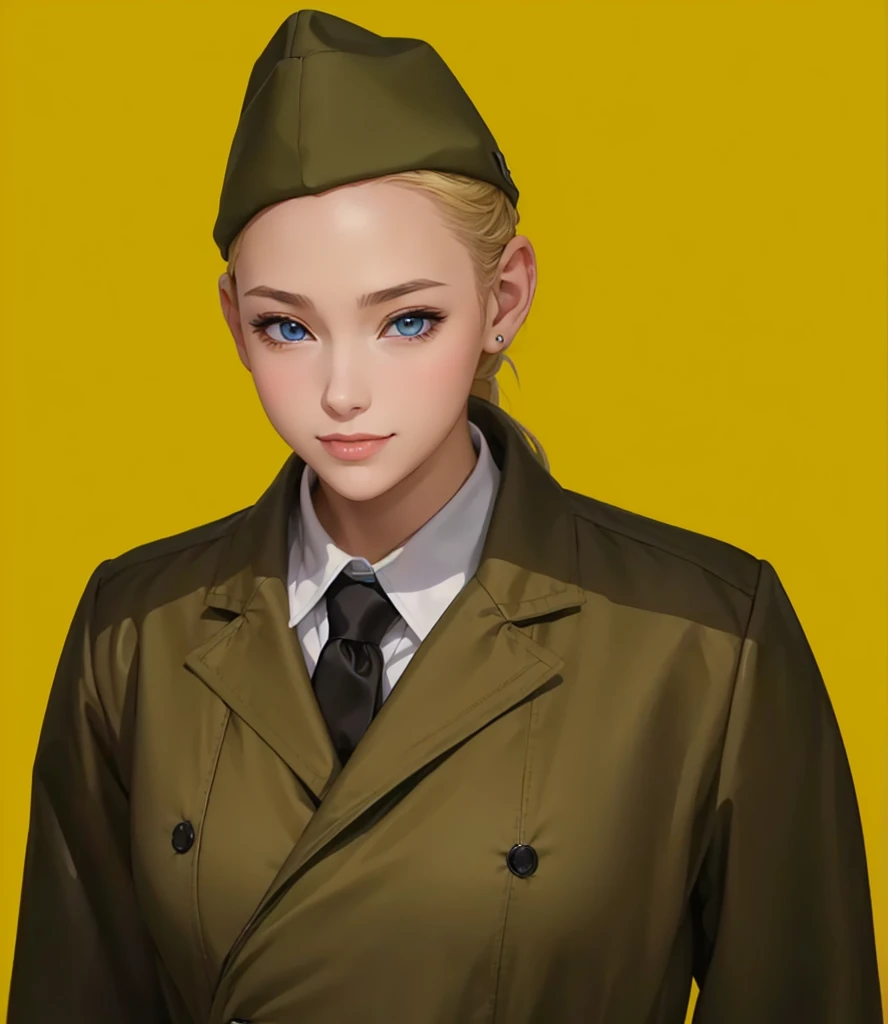 Female, (girls:1.5), (exceptional, best aesthetic, new, newest, best quality, anime, waifu:1.2), best quality, ultra detailed, absurdres, highres, colored, good anatomy, normal eyes, centered eyes, no cockeyed, no cross-eyes black hair, pretty smiling kind face, blonde hair, blue eyes, olive color soft hat, olive color coat, inside white shirt, black tie,