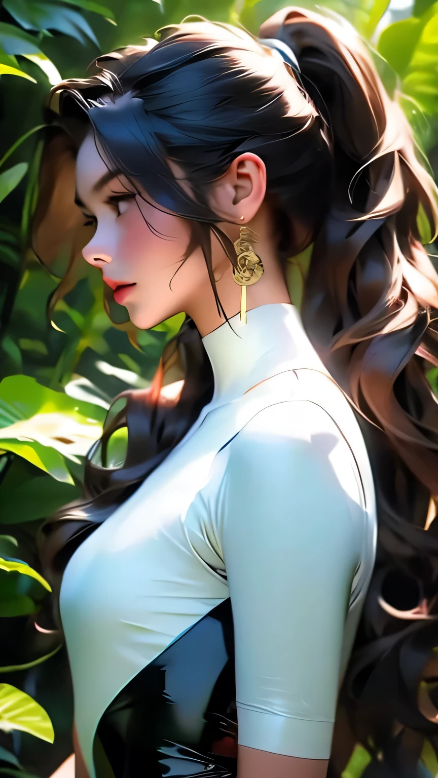 Beautiful woman with good style, (Black latex leotard), detailed, 8k、detailedな顔, detailedな体, detailedな髪, detailedな目で、(Long Wavy Hair:ponytail)、masterpiece, 最high quality, high quality, High resolution, (Jungle Background), (Upper body portrait)､Upper body portrait