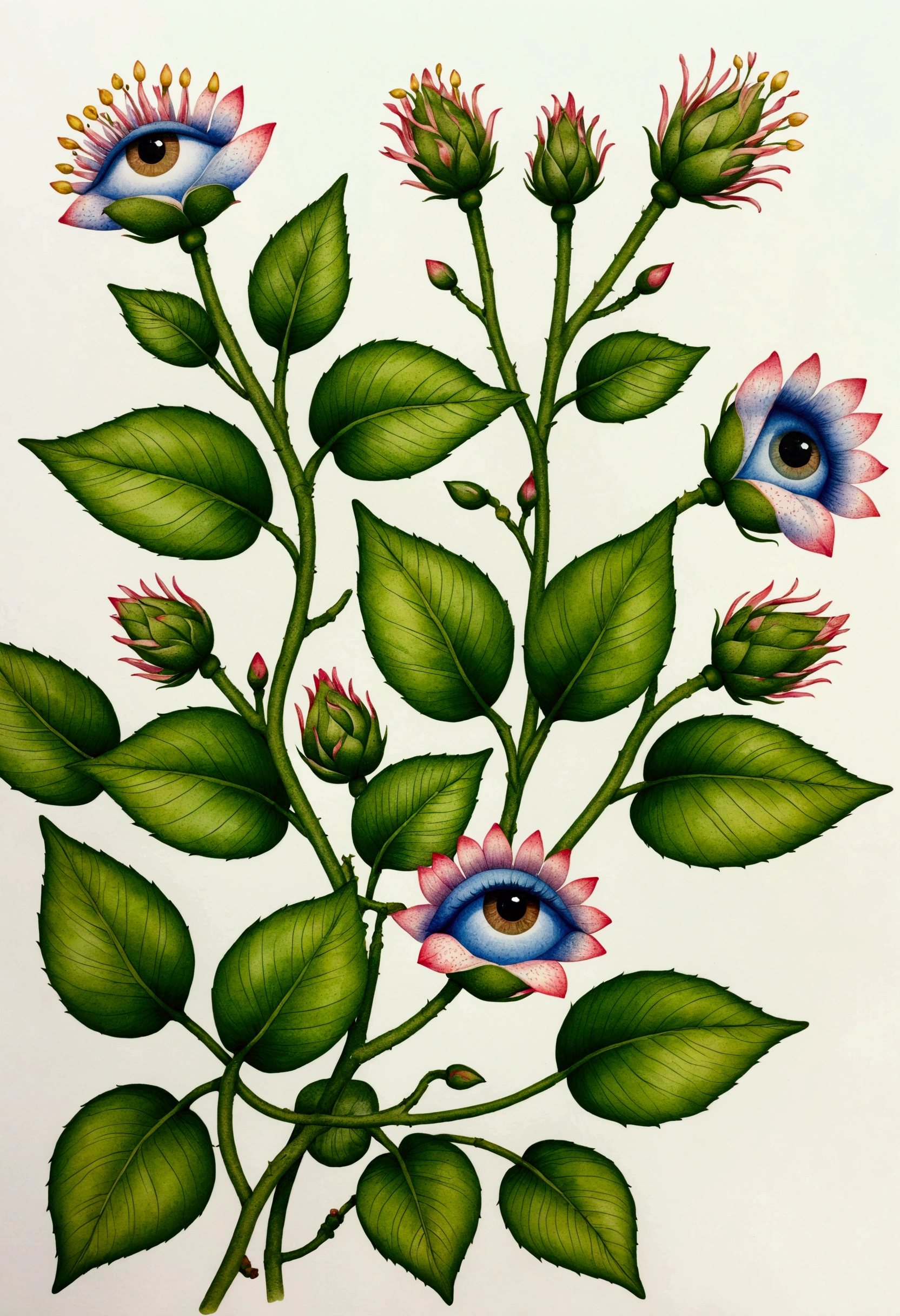 (Pointillism method). Bizarre plants：1.5，(((eye：1.37)))，Neat line drawing，vine,Pen line outline，watercolor，Elegant colors，vintage style， format as coloring book page petals meridian ,
Large area of blank。