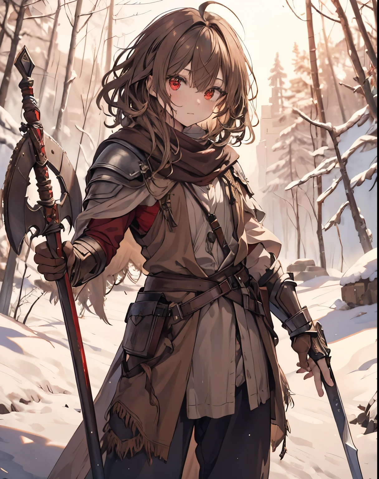 masterpiece, 1men, sparrow, a brown haired men, wearing a medieval villager clothes, curly medium hair, messy hair, slim body, wearing villager clothes, he close her left eye, serious expression, red eyes, stand at snowy forest, ahoge, shawl, full armor, bring big shield in his back, beautiful eyes, cute face