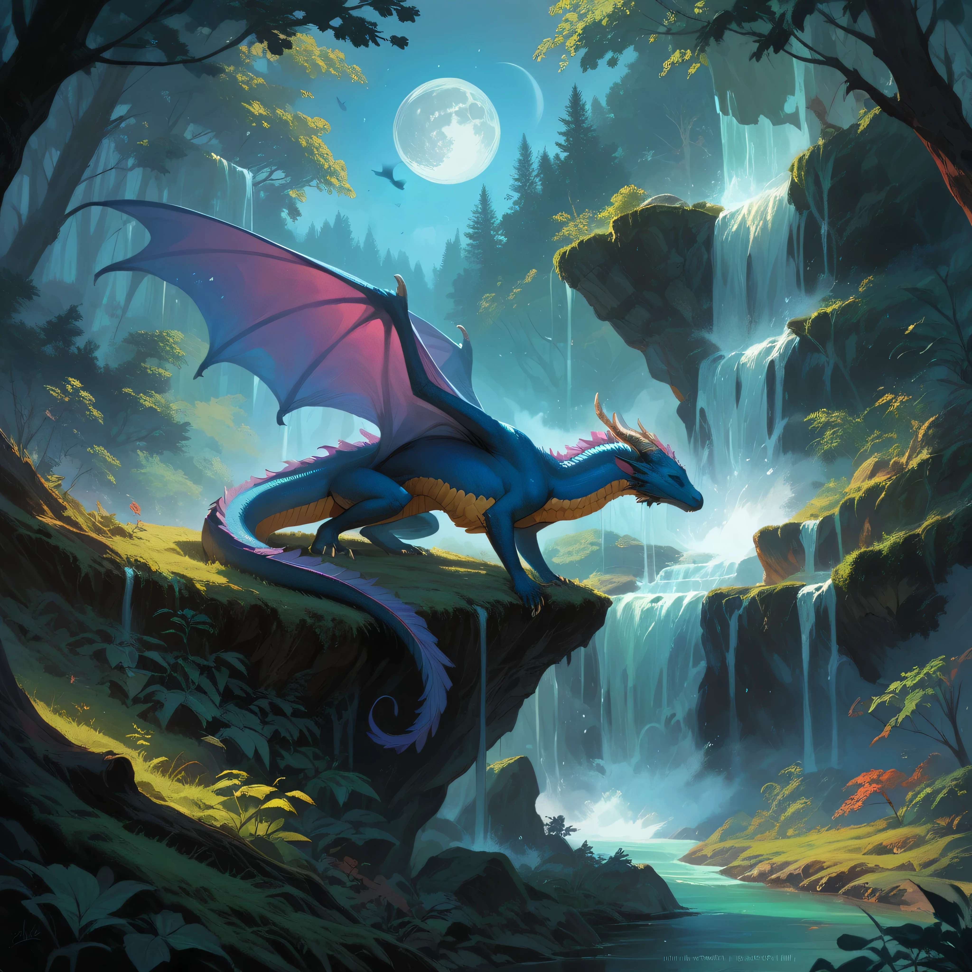 (A European dragon with wings sleeping in front of a forest waterfall ), solo, waterfall, moon mystical creature, realistic, ultra detailed, dynamic pose, moonlit night, detailed forest background, vegetation in the foreground
