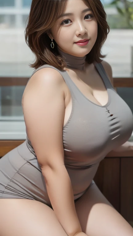 (8K, best quality, masterpiece, Golden Ratio Composition,:1.3, Panoramic view, Full body picture), (40 year old plump Japanese woman at the beach), (90 kg obese body),  (Wearing a turtleneck :1.2), (Legs close-up), (Intellectual beauty),  (Plump long legs),  (Huge breasts), (No upper body exposed),  (Cropped pants), (Wear work clothes), Soft face line, Gentle and beautiful, (Silver short hair),