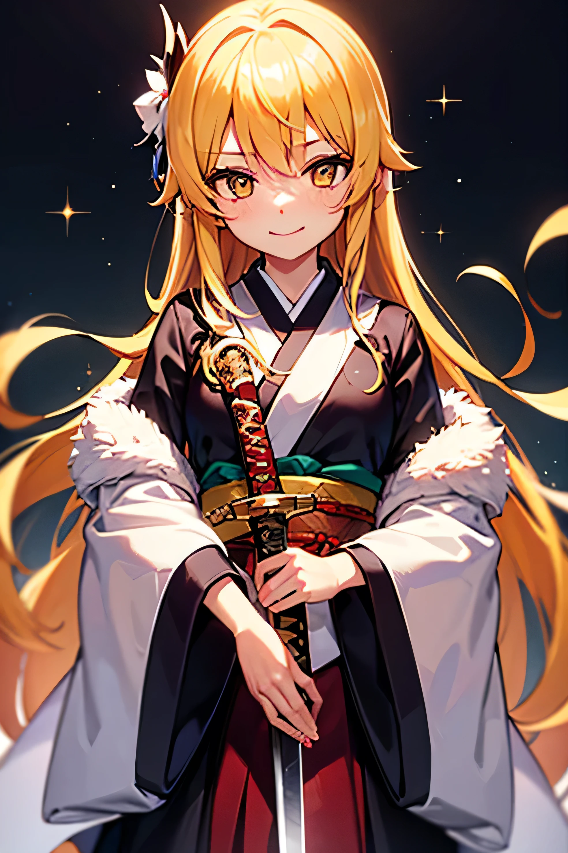 EFT_shinobu, 1 girl, weapon, demon hunter uniform, sword, Alone, hair ornament, estrellaa hair ornament, katana, tenure weapon, tenure, yellow hair orange tips, tenure sword, japanese clothes, white star haori, multicolor fur, smile, yellow eyes with star polish, Upper part of the body, Long hair, sparkling eyes, ombre hair, long sleeves, without students, Closed mouth, wide sleeves, fault, jacket