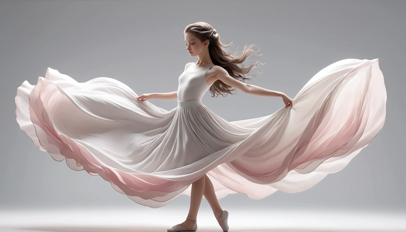 Dance photography;A dancer,Solitary;A dancing little girl;Long skirt,Plain style,Gray pink and white gradient,Traditional style,Smudged skirt hem;The movements of the dance;elegant,Flexible skirt;Long hair,Long hair披肩。((Full body panorama 1.5)),front; Simple style;Minimalism。White background,Pure white background;Panoramic photography;Depth of Field, Extraordinary details, masterpiece, high quality, 4K,cinematic lighting, motion blur, depth of field, sparkle, ray tracing, reflection light, anatomically correct, uhd, textured skin, best quality, super detail, highres, high details, accurate, high quality, award winning
