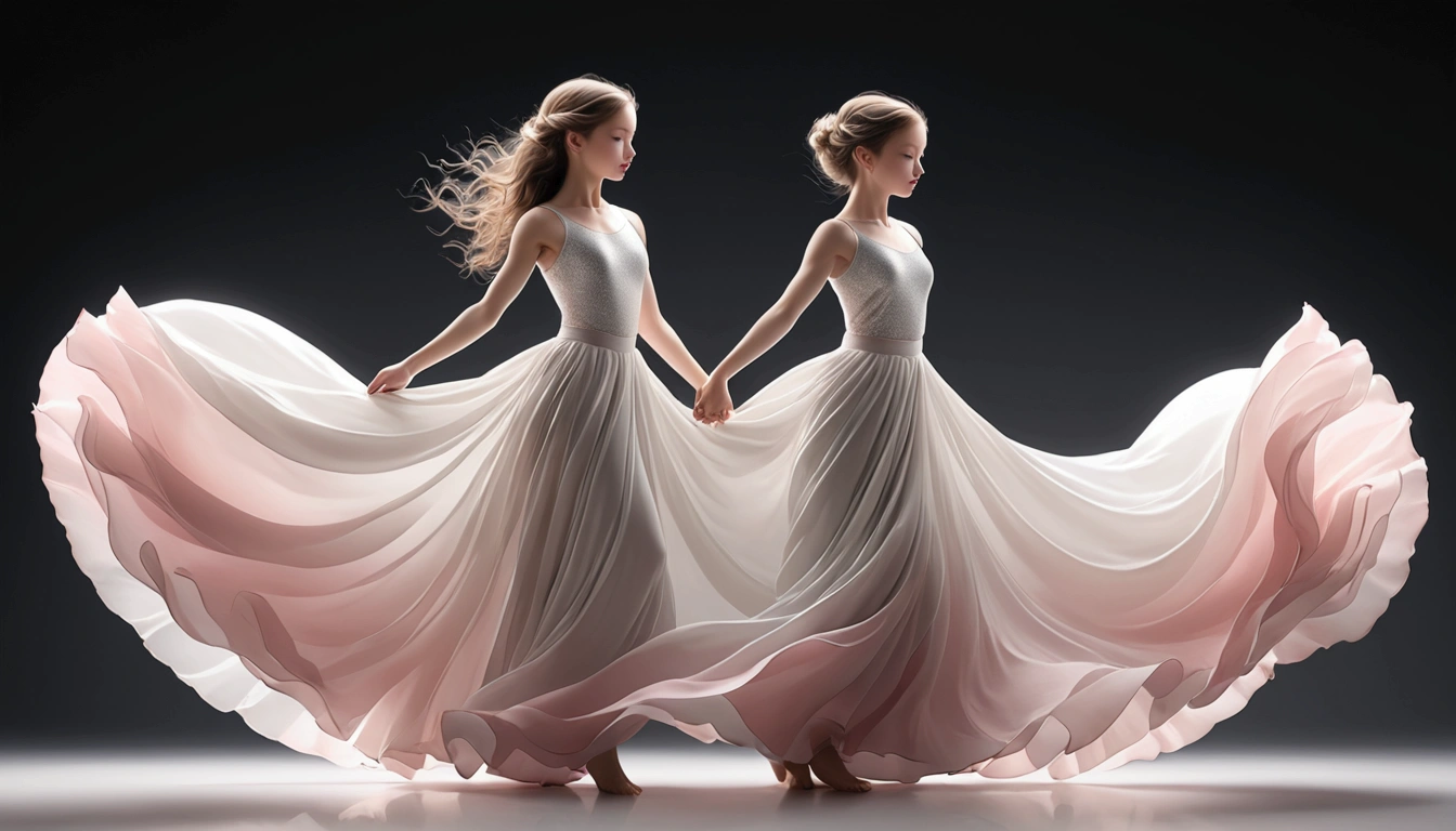 Dance photography；A dancer，Solitary；A dancing little girl；Long skirt，Plain style，Gray pink and white gradient，Traditional style，Smudged skirt hem；The movements of the dance；elegant，Flexible skirt；Long hair，Long hair披肩。（（Full body panorama 1.5）），front； Simple style；Minimalism。White background，Pure white background；Panoramic photography；Depth of Field, Extraordinary details, masterpiece, high quality, 4K，cinematic lighting, motion blur, depth of field, sparkle, ray tracing, reflection light, anatomically correct, uhd, textured skin, best quality, super detail, highres, high details, accurate, high quality, award winning