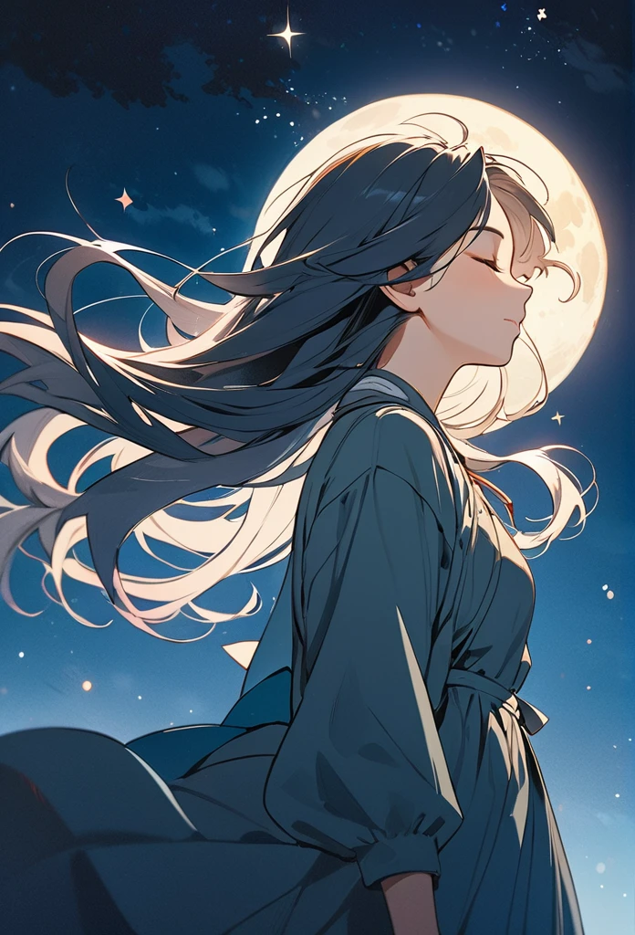 One girl, Long Hair, Closed eyes, masterpiece, Hair blowing in the wind, Simple Background, Illustration, Character Design, Ghibli-style colors, Soft Light, Night Sky,moon,High resolution, masterpiece, High detail, Sparkle Effect,
