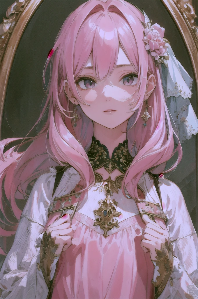 Highest quality, Ultra-high resolution, Beautiful face in every detail, masterpiece, beauty, Precision, Detailed illustrations,Pink Hair,rest one's chin on one's hand,look down,Taunt,profile,Oblique angle,Nihilistic smile,hoodie,strong,Rape Eyes,dark,Illness,