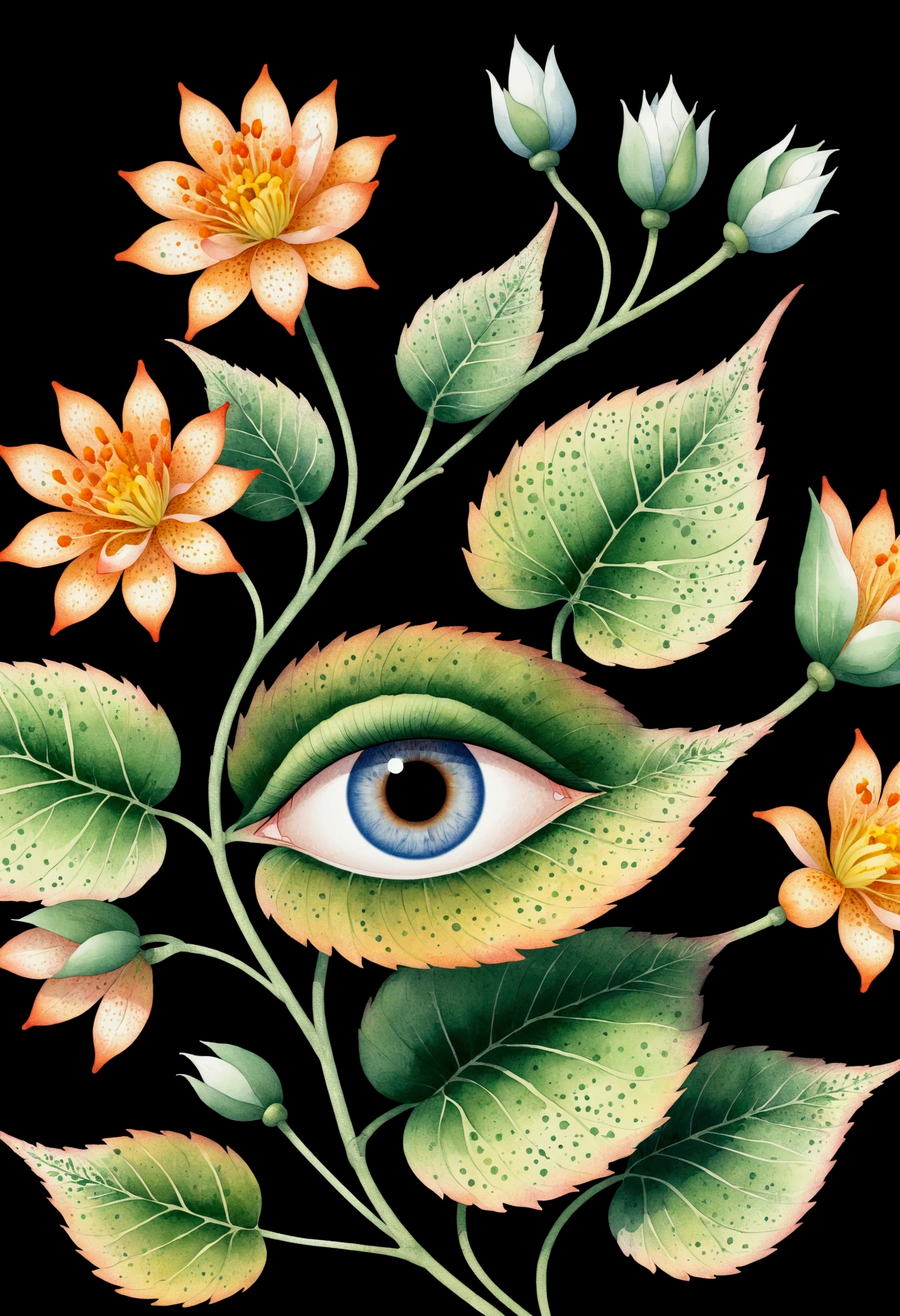 (Pointillism method). Bizarre plants:1.5,(((eye:1.37))),Neat line drawing,vine,Pen line outline,watercolor,Elegant colors,vintage style, format as coloring book page petals meridian ,
Large area of blank。
