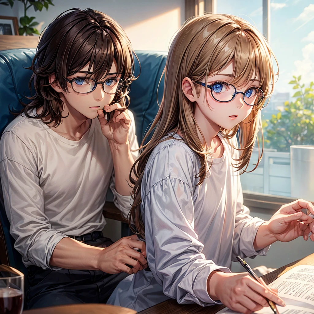 a boy with light brown hair and blue eyes is wearing a white shirt and glasses, Beautiful anime style, 