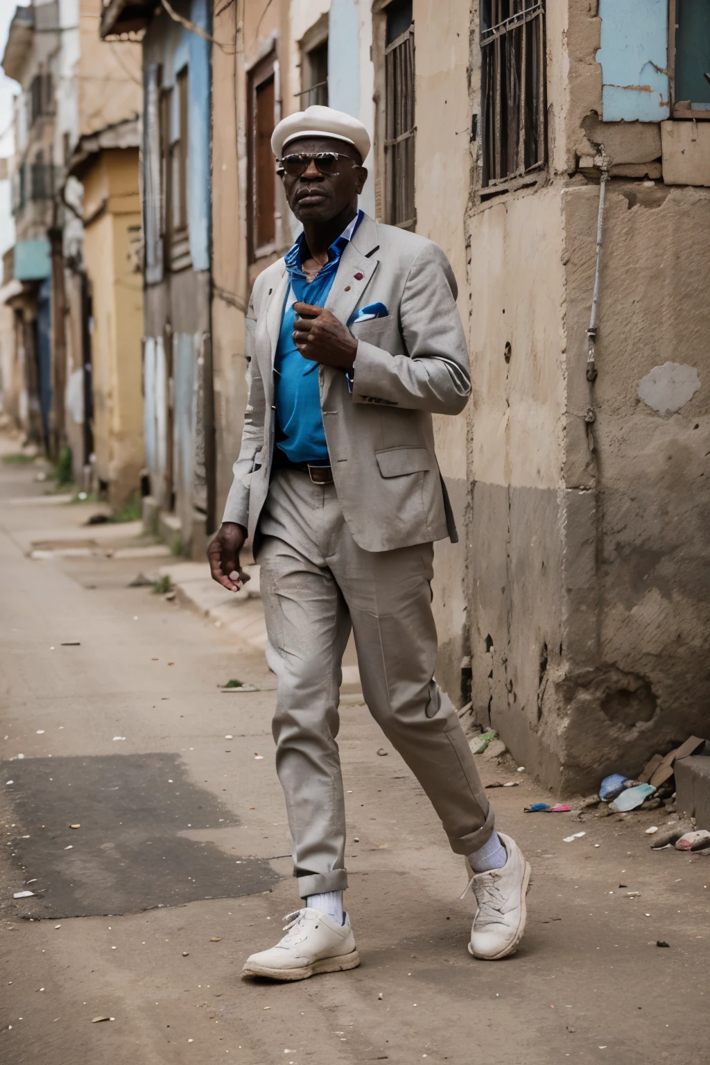 a dynamic and eye-catching scene featuring an elderly Sapeur in Congo walking and striking a pose for a photograph. The elderly man should be dressed in a bright, colorful suit with bold patterns and designs, and wearing stylish black sunglasses. The background should depict a bustling slum area in Congo, with dusty dirt roads and makeshift homes. Include a crowd of people observing and admiring him. The contrast between the elderly man's sophisticated, standout attire and the humble, rough surroundings should emphasize his confidence, unique sense of style, and the enduring spirit of the Sapeur amidst adversity ,35mm lens, Extreme close-up, depth of field cinematography effect, 8k resolution, high quality, ultra detail