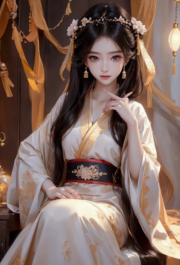 Best image quality、8k、masterpiece:1.3))、Realistic high-quality photos、Highest quality、 Beautiful face、Photos of slim models、Beautiful girl model、Young and pretty face、Beautiful model girl、A lovely and delicate face、Black Hair、Beautiful brown eyes、Young Body、Hanfu, (emphasize)、from the front、Camera gaze,、Anatomically correct、胸の谷間をemphasize、whole body、13-year-old female model、smile