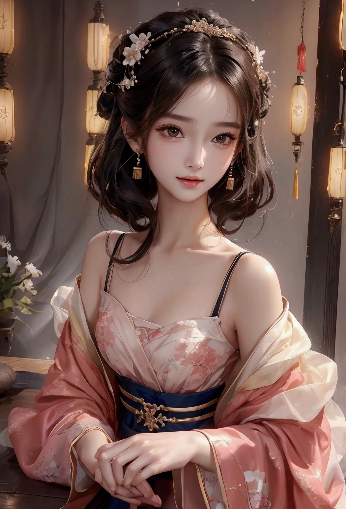 Best image quality、8k、masterpiece：1.3))、Realistic high-quality photos、Highest quality、 Beautiful face、Photos of slim models、Beautiful girl model、Young and pretty face、Beautiful model girl、A lovely and delicate face、Black Hair、Beautiful brown eyes、Young Body、Hanfu, (emphasize)、from the front、Camera gaze,、Anatomically correct、胸の谷間をemphasize、whole body、-yeld fee model、smile