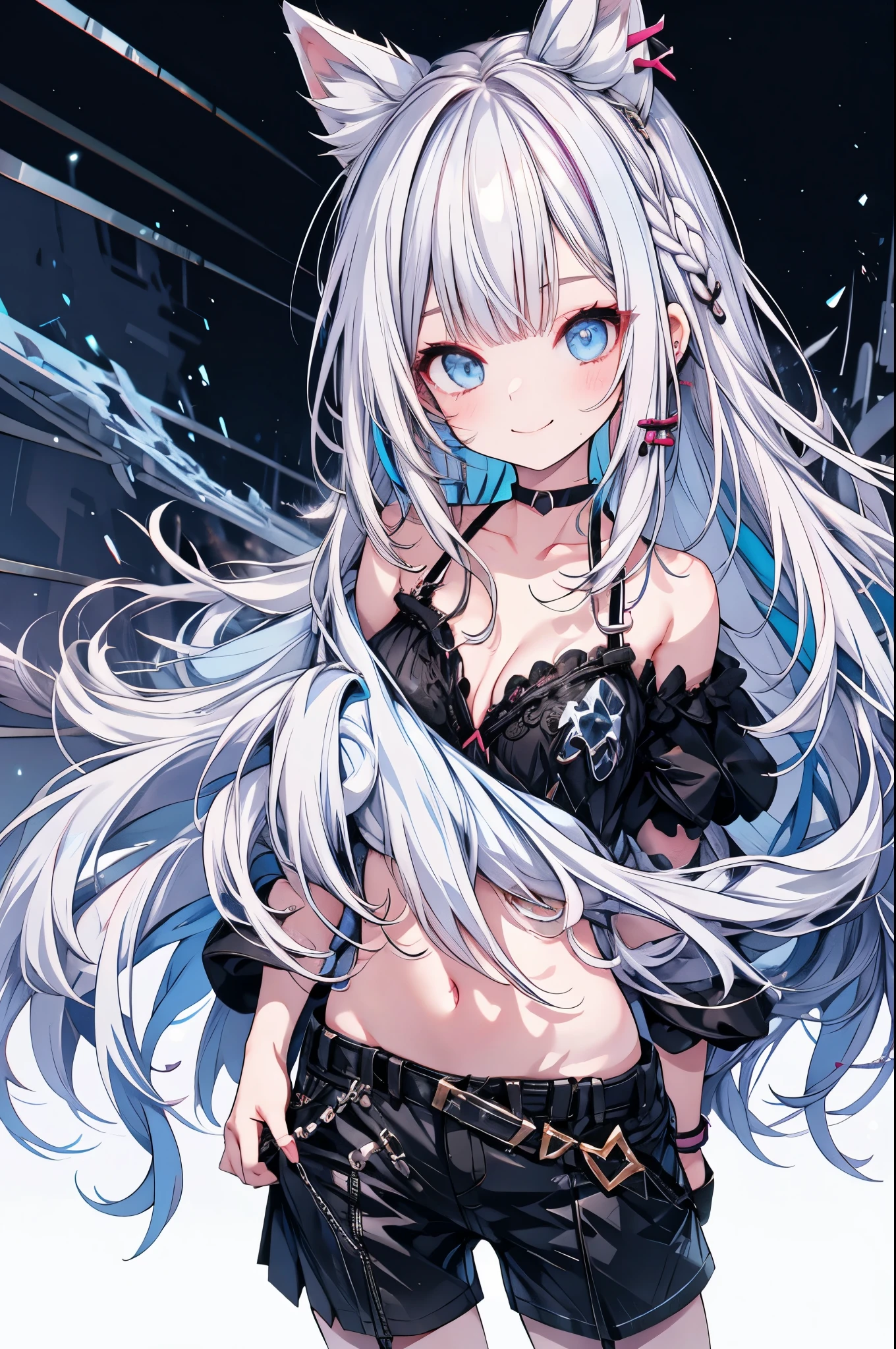 Highest quality,smile,woman,woman1人,adult,cute,Long Hair,White Hair,Light blue eyes, Black off-the-shoulder top,Black shorts,Piercing,Black choker, Pink background,