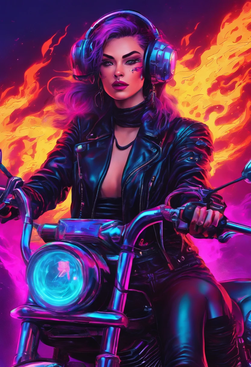 Bride in black leather, Motorcycle in flames, 1990's aesthetic, Immersion dreamscape, Highlights of neon green and ultra-violet, Ultra realistic, HD 8K quality 