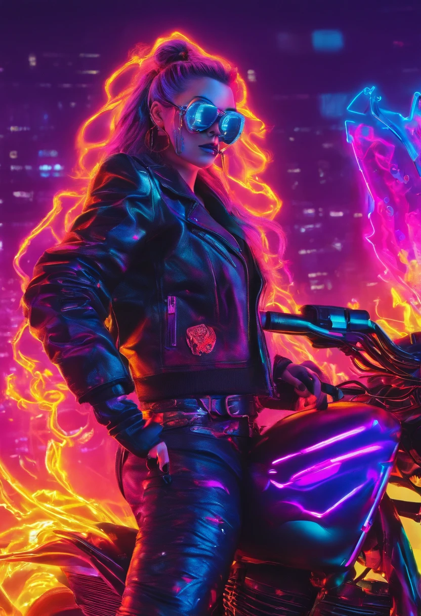 Bride in black leather, Motorcycle in flames, 1990's aesthetic, Immersion dreamscape, Highlights of neon green and ultra-violet, Ultra realistic, HD 8K quality 