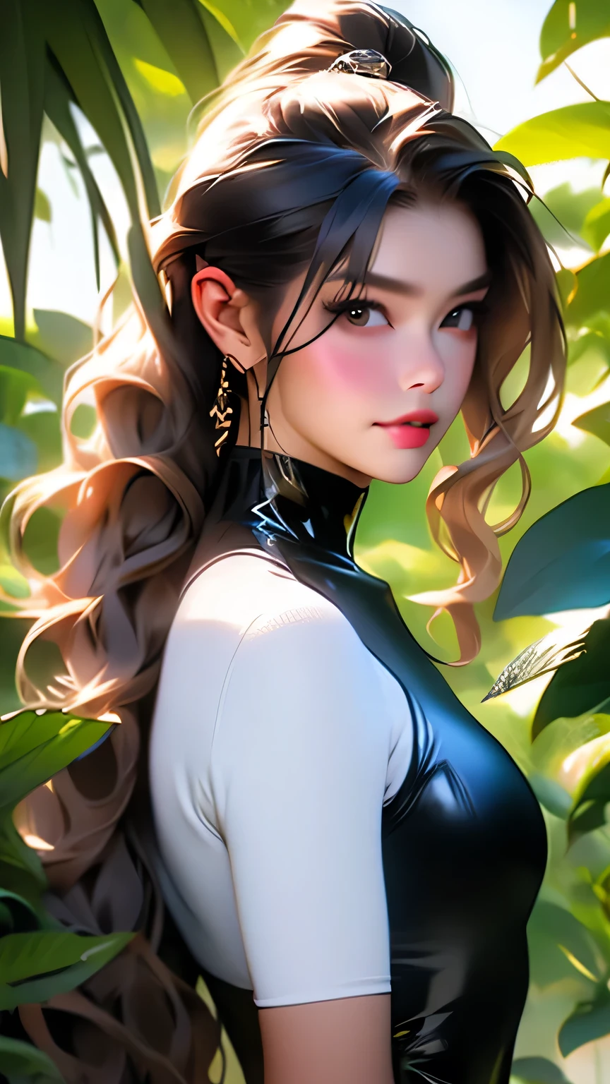 Beautiful woman with good style, (Black latex leotard), detailed, 8k、detailedな顔, detailedな体, detailedな髪, detailedな目で、(Long Wavy Hair:ponytail)、masterpiece, 最high quality, high quality, High resolution, (Jungle Background), (Upper body portrait)、Upper body portrait