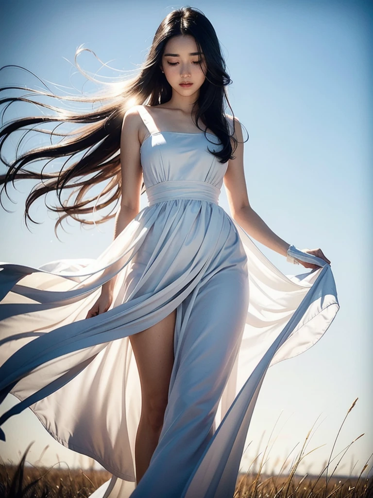 Beneath the open blue sky, a lone figure stands amidst a sunlit field. Her long black hair dances in the gentle breeze, a stark contrast to the purity of her white dress. The natural light bathes her in a soft, cinematic glow, emphasizing the intricate details of her skin. This scene is a masterpiece of serene beauty and meticulous artistry.