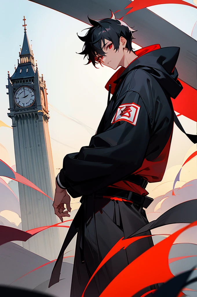 Male, young teen, Black hair, Red eyes, Yukata, Black belt, Hoodie, Tower Background.