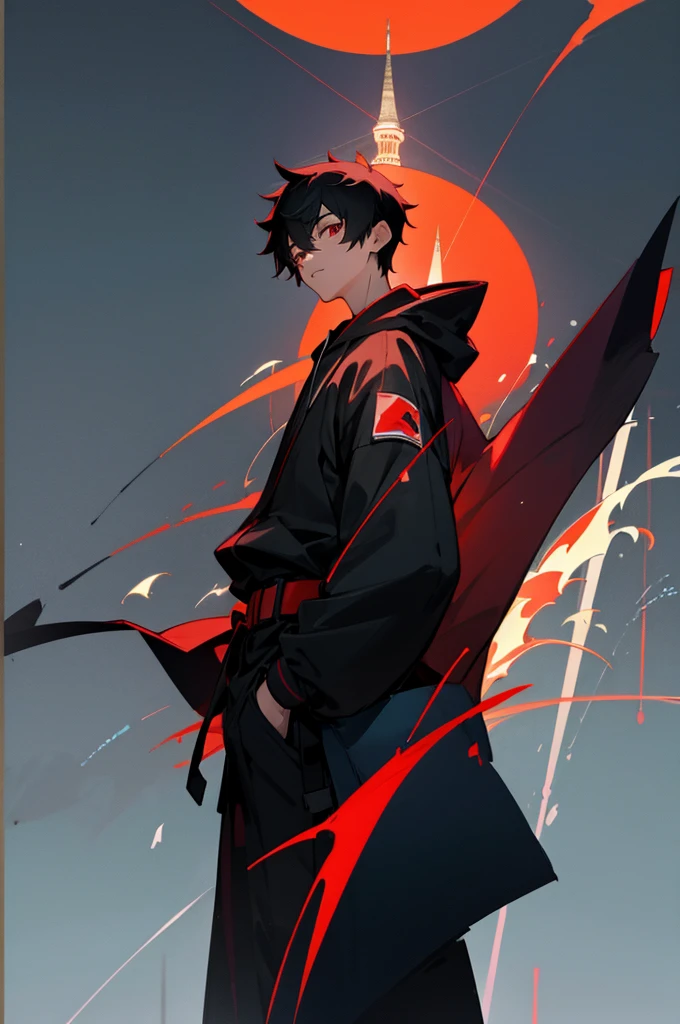 Male, young teen, Black hair, Red eyes, Yukata, Black belt, Hoodie, Tower Background.