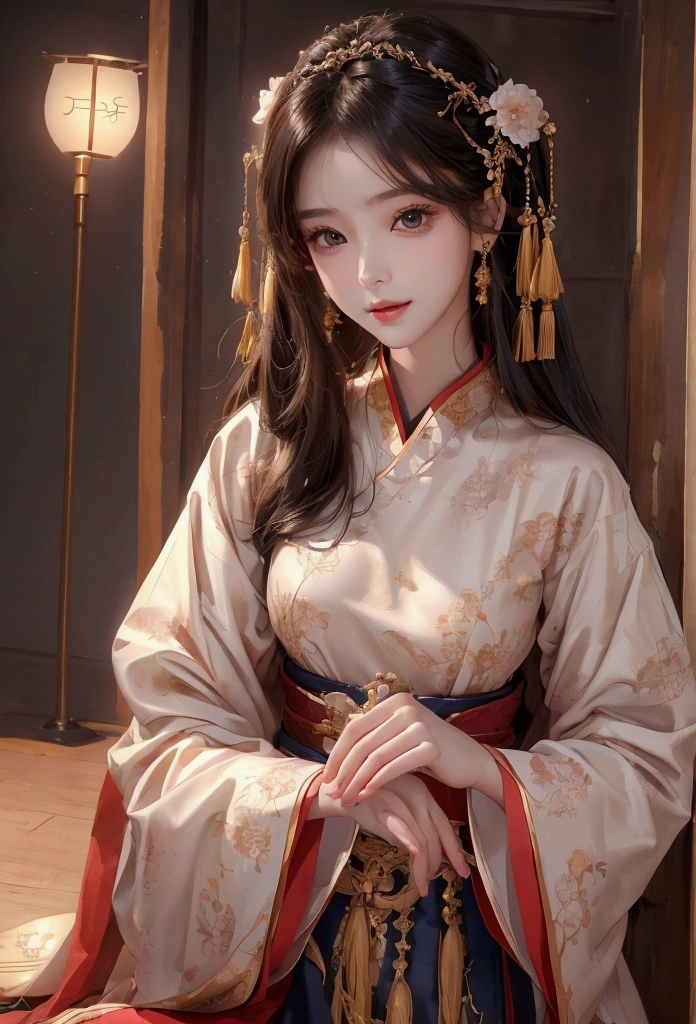 Best image quality、8k、masterpiece:1.3))、Realistic high-quality photos、Highest quality、 Beautiful face、Photos of slim models、Beautiful girl model、Young and pretty face、Beautiful model girl、A lovely and delicate face、Black Hair、Beautiful brown eyes、Young Body、Hanfu, (emphasize)、from the front、Camera gaze,、Anatomically correct、胸の谷間をemphasize、whole body、13-year-old female model、smile